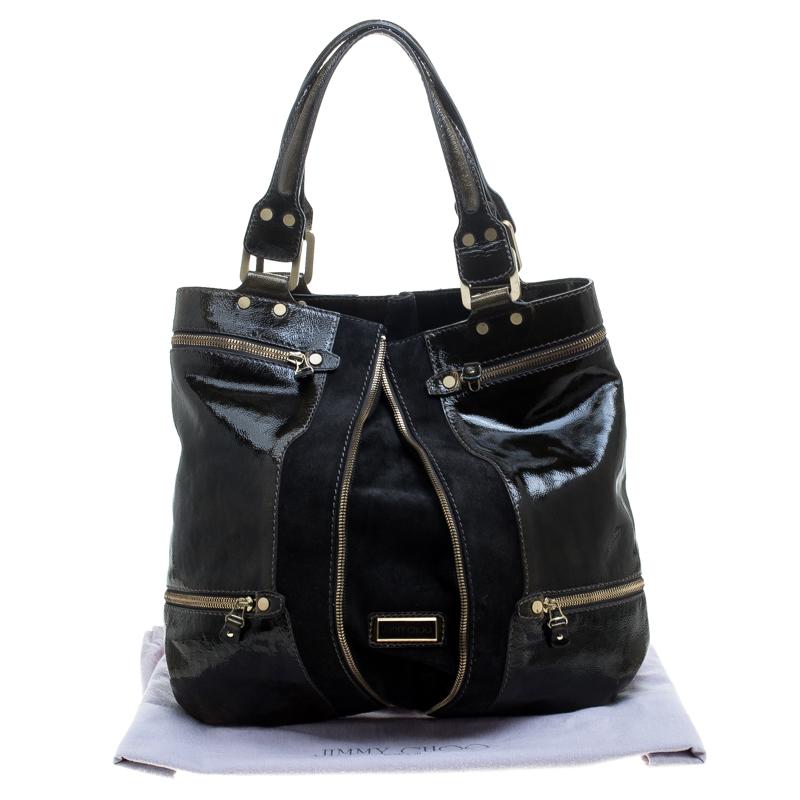 Jimmy Choo Khaki/Black Patent Leather and Suede Large Mona Tote 7