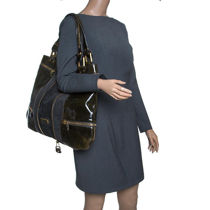 Jimmy Choo Khaki/Black Patent Leather and Suede Large Mona Tote In Good Condition In Dubai, Al Qouz 2