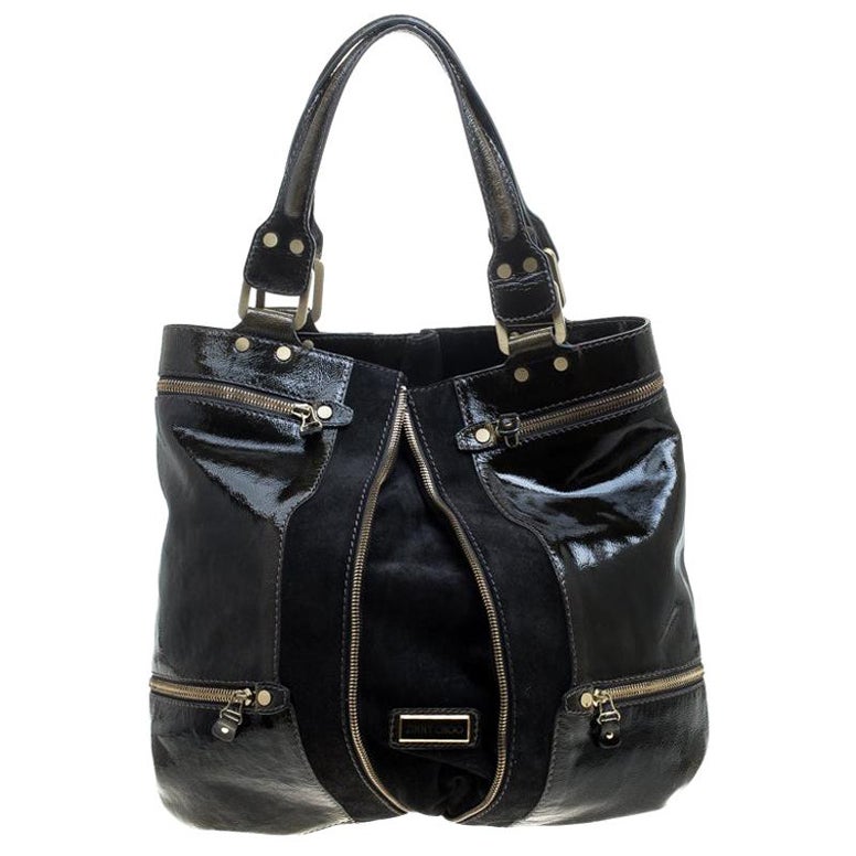 Jimmy Choo Khaki/Black Patent Leather and Suede Large Mona Tote