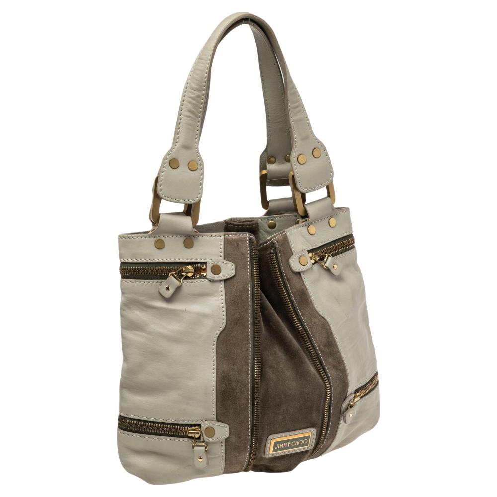 Jimmy Choo Khaki Green Leather and Suede Mona Tote For Sale 4
