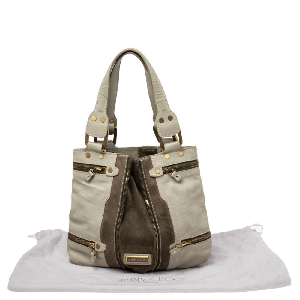 Jimmy Choo Khaki Green Leather and Suede Mona Tote For Sale 5