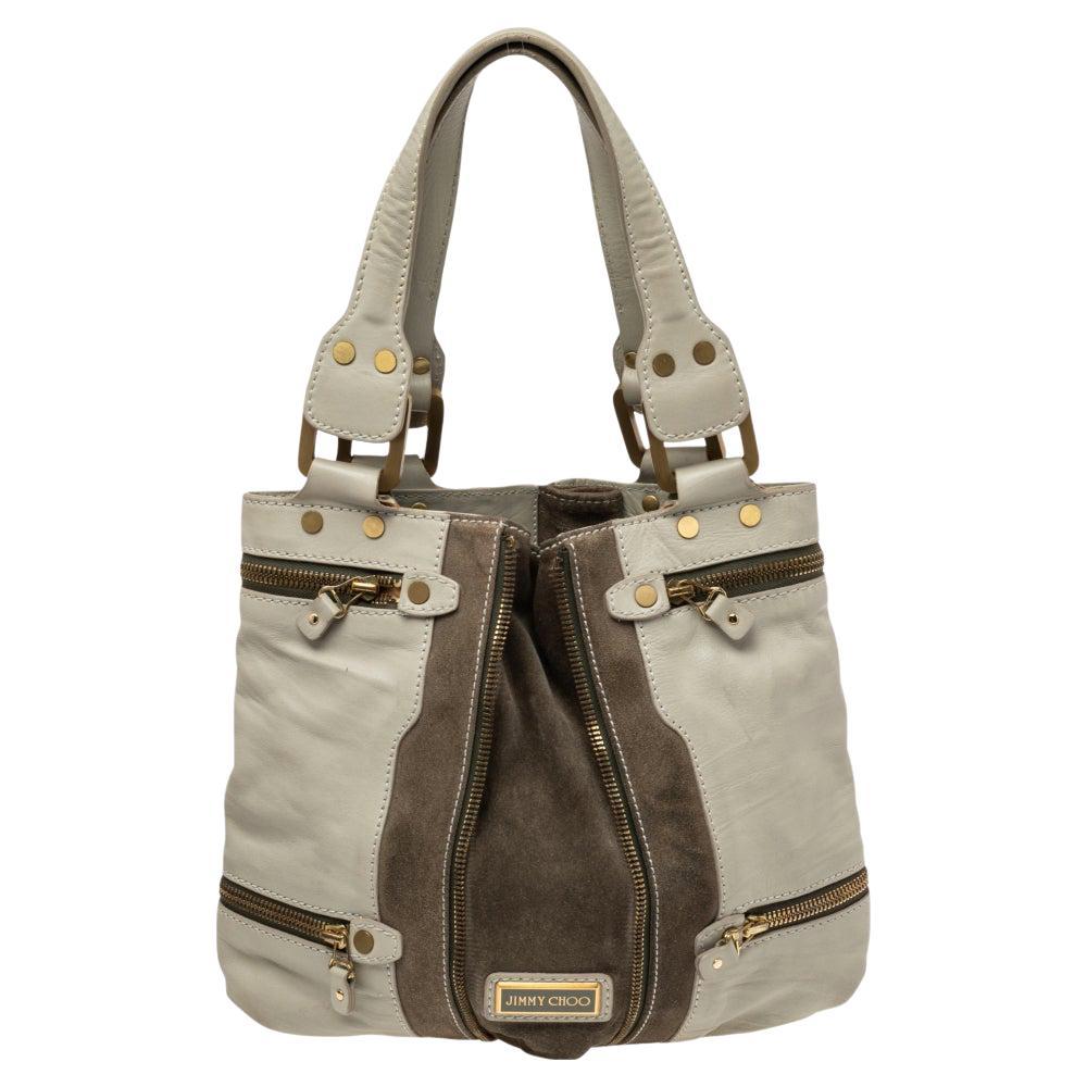 Jimmy Choo Khaki Green Leather and Suede Mona Tote For Sale