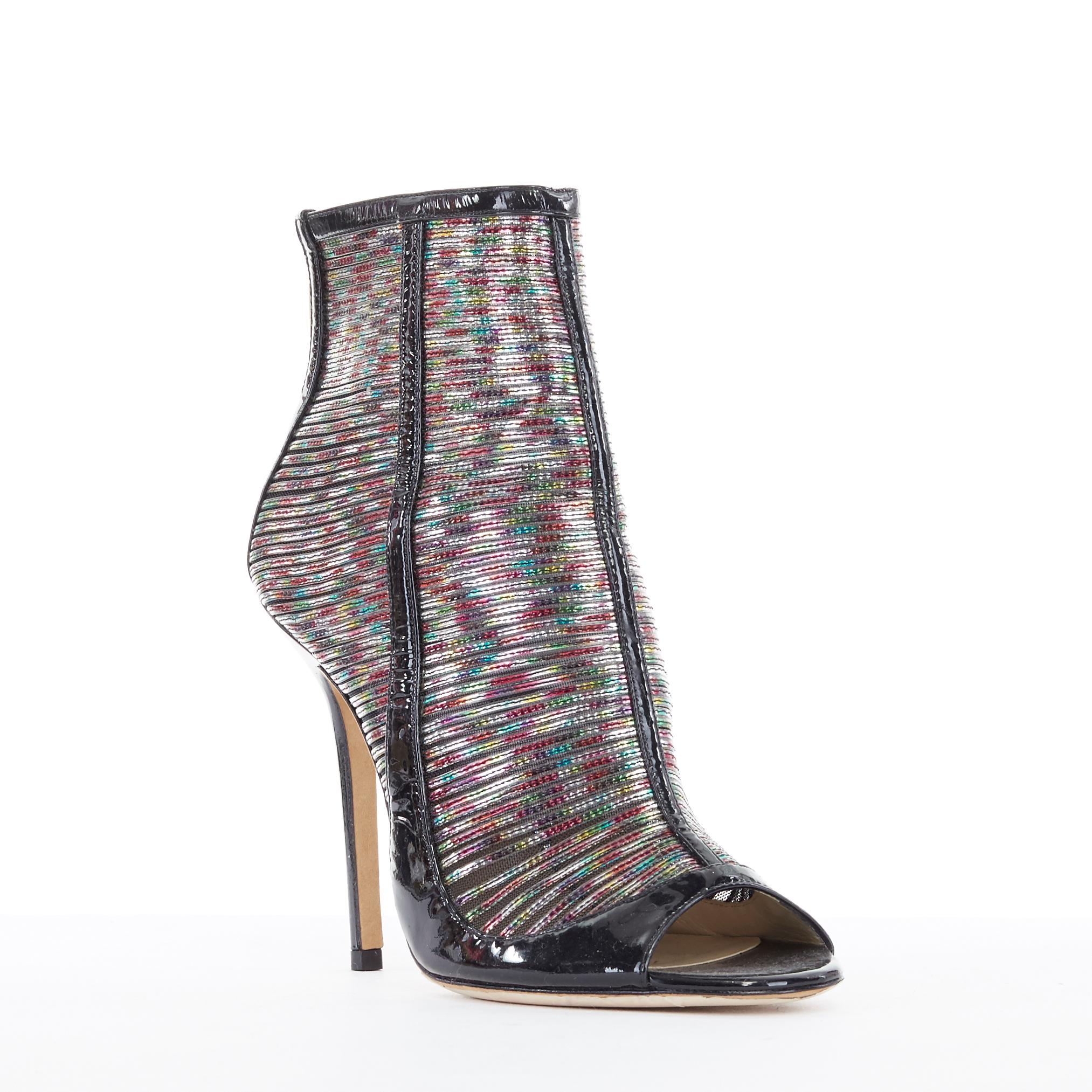 JIMMY CHOO Kier Hologram Mesh black patent peep toe high heel bootie EU38.5
Brand: Jimmy Choo
Model Name / Style: Kier
Material: Patent leather
Color: Black
Pattern: Solid
Closure: Zip
Extra Detail: Kier bootie. Silver hologram strip on mesh. Peep