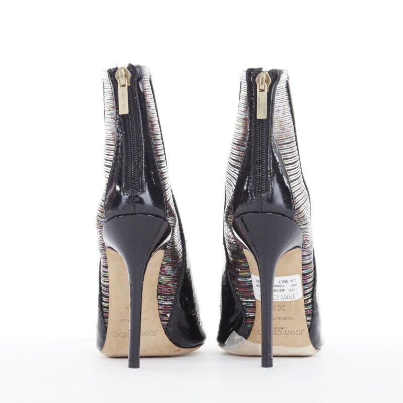JIMMY CHOO Kier Hologramm Mesh schwarz Lack Peep Toe High Heel Bootie EU38.5 Damen im Angebot