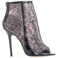 JIMMY CHOO Kier Hologram Mesh black patent peep toe high heel bootie EU38.5