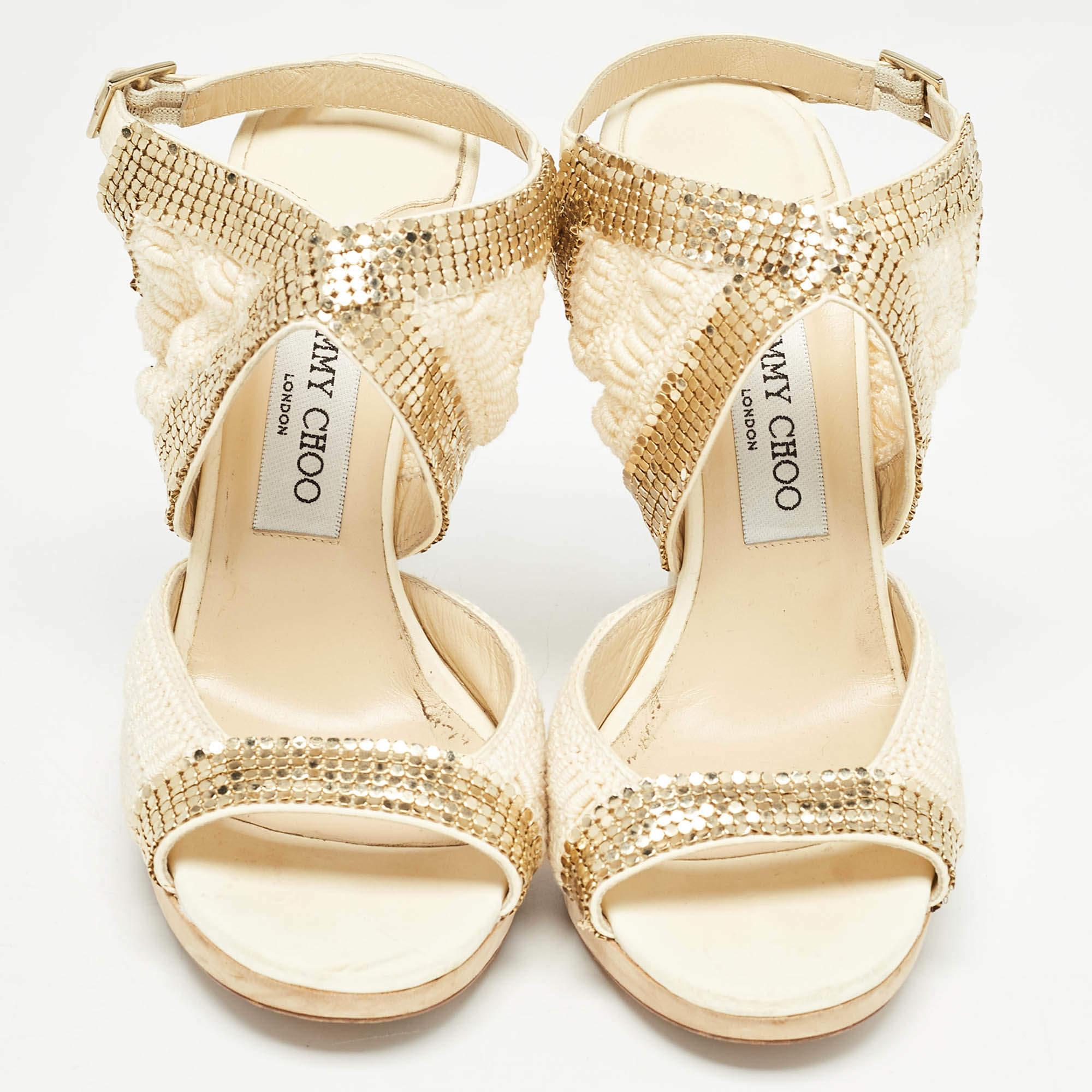 Beige Jimmy Choo - Sandales à lanières ornées de tissu en maille, taille 39 en vente