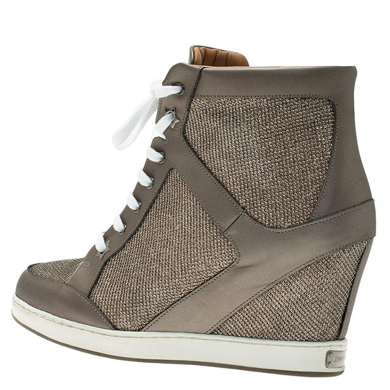 Gray Jimmy Choo  Lame Glitter and Metallic Leather Panama Wedge Sneakers Size 37.5