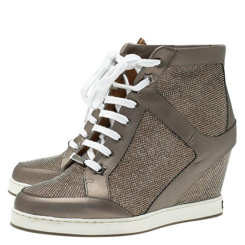 Jimmy Choo  Lame Glitter and Metallic Leather Panama Wedge Sneakers Size 37.5 In Excellent Condition In Dubai, Al Qouz 2