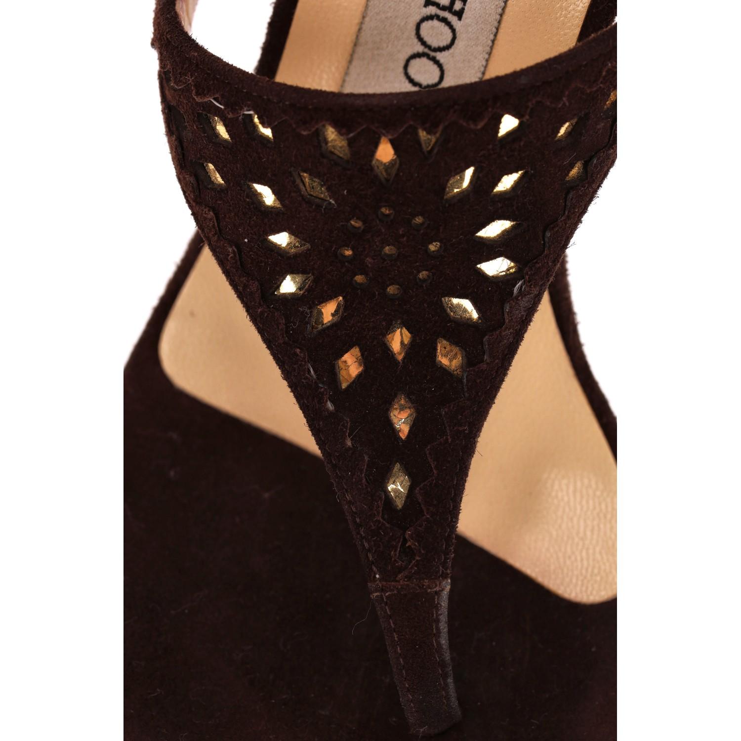 Jimmy Choo Laser-Cut T-Strap Suede Sandals 1