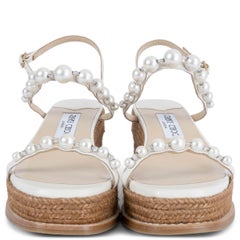 JIMMY CHOO Latte white leather AMATUUS 60 PEARL Wedge Sandals Shoes 37.5