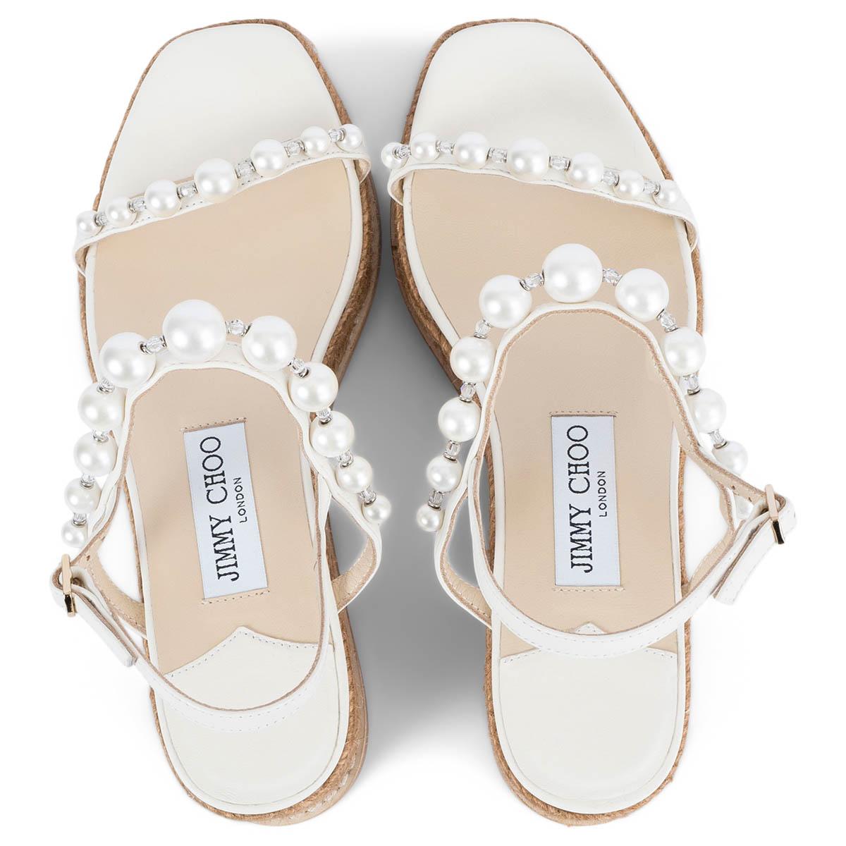 Women's JIMMY CHOO Latte white leather AMATUUS 60 PEARL Wedge Sandals Shoes 37.5 For Sale