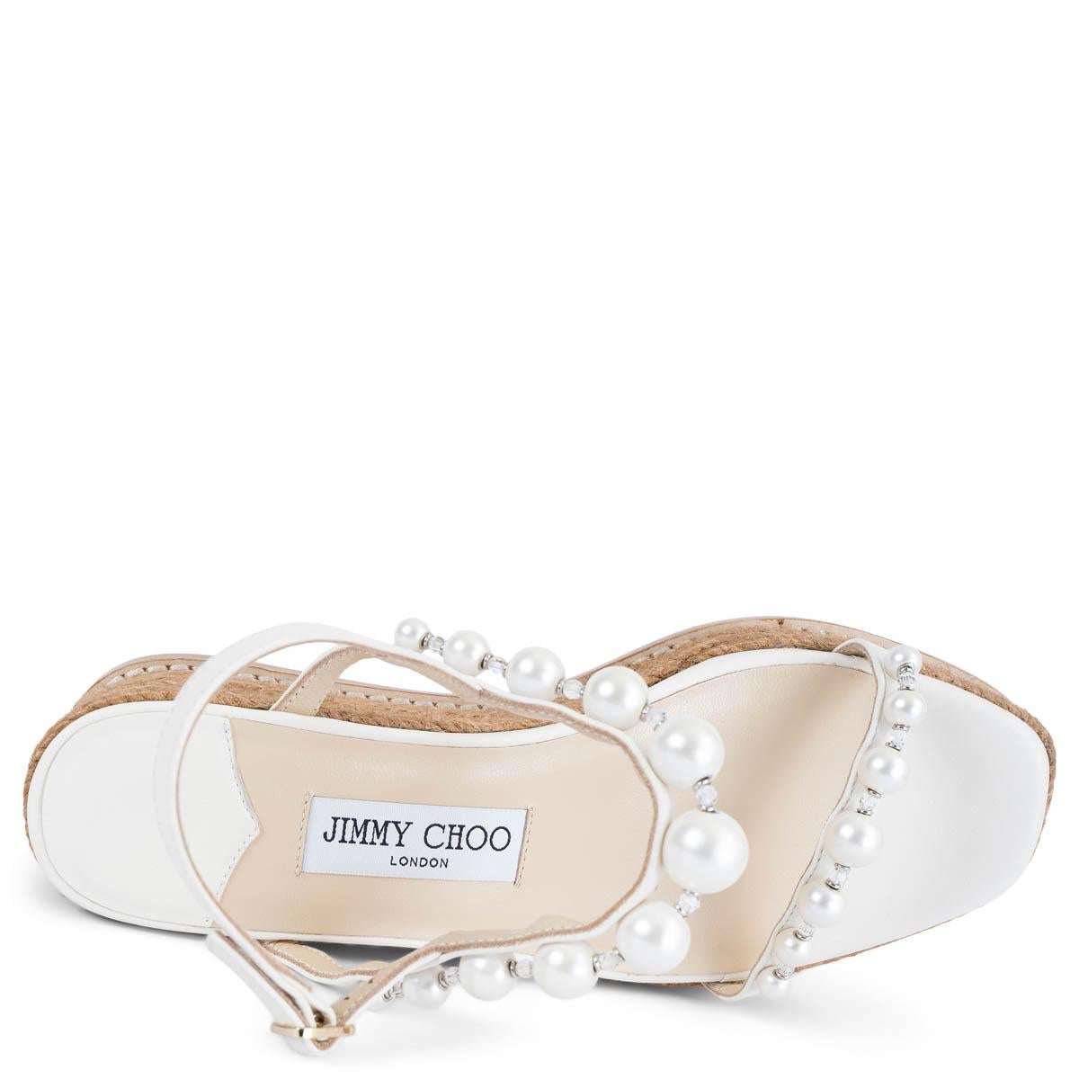 JIMMY CHOO Latte white leather AMATUUS 60 PEARL Wedge Sandals Shoes 37.5 For Sale 1