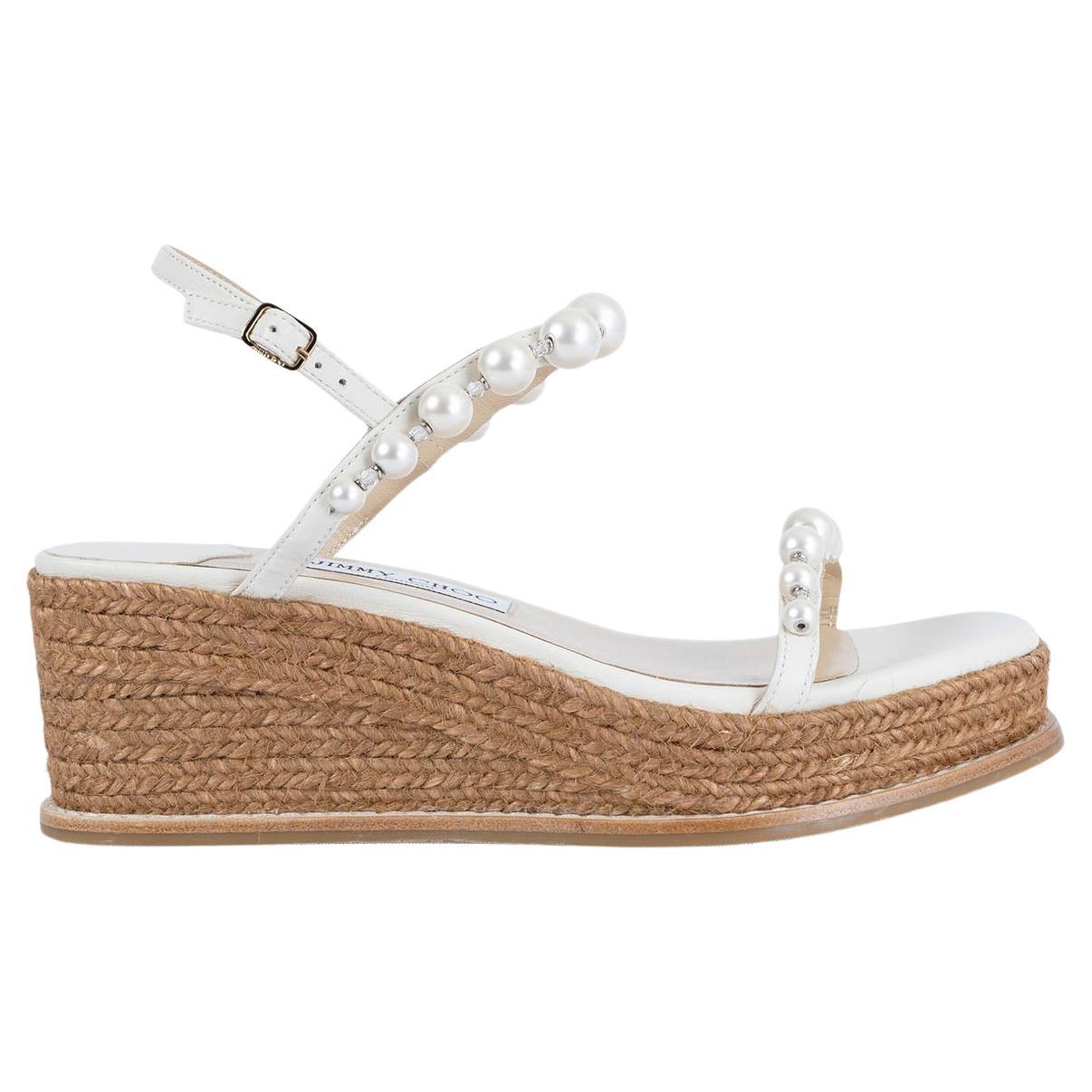 JIMMY CHOO Latte white leather AMATUUS 60 PEARL Wedge Sandals Shoes 37.5 For Sale