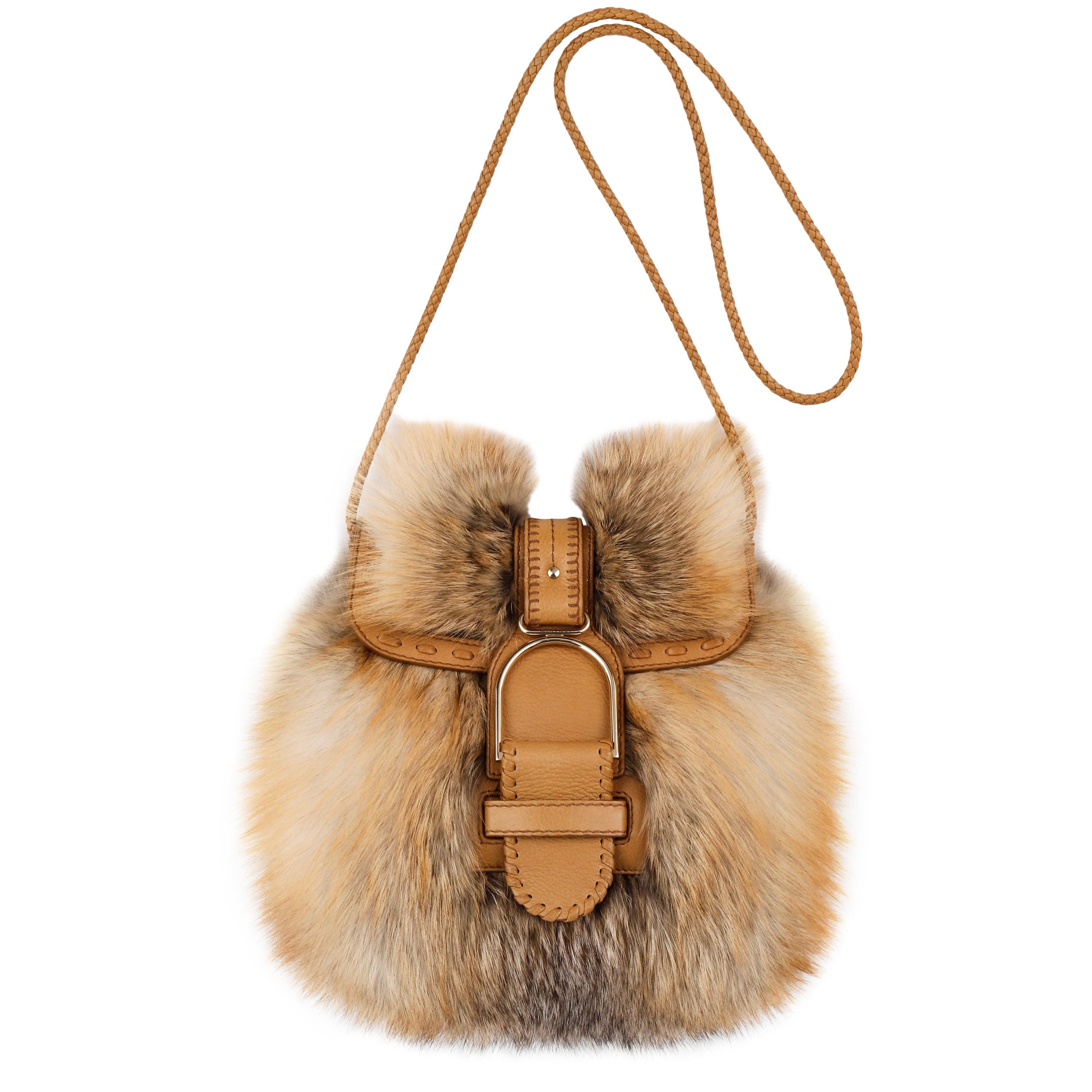 JIMMY CHOO Leah Red Fox Fur Leather Woven Cross-body Shoulder Bag