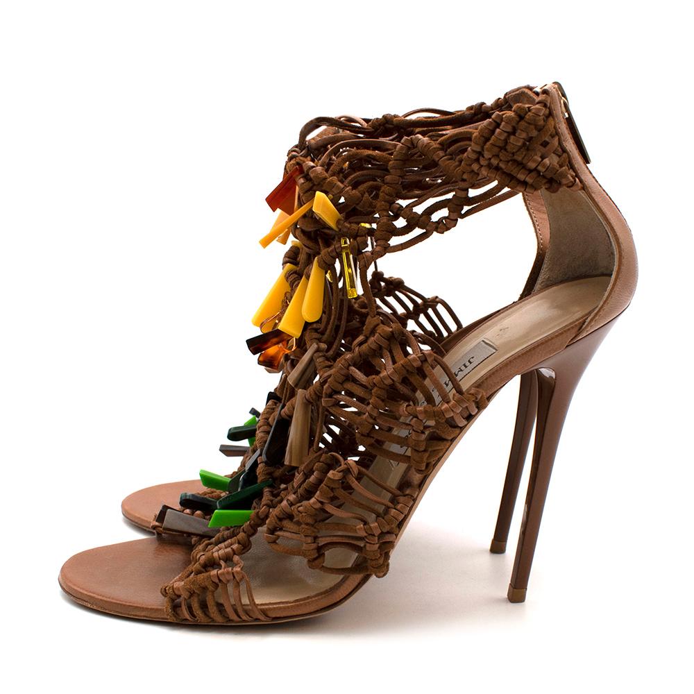 Brown Jimmy Choo Leather Tan Woven Beaded Heeled Sandals - Size EU 40 For Sale