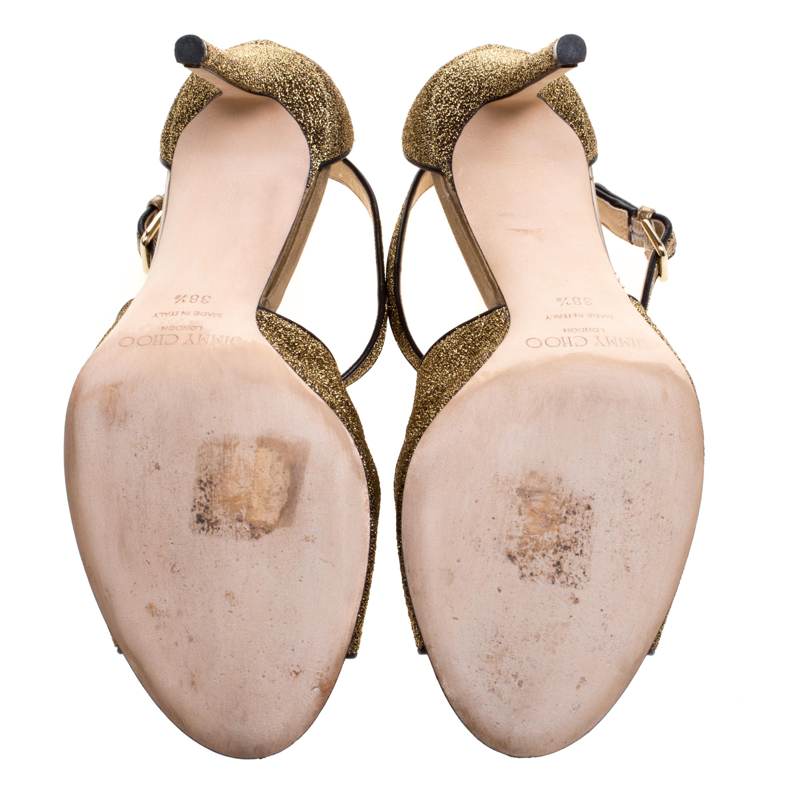 Jimmy Choo Leather Trimmed Lamè Fabric Emily Cross Strap Sandals Size 38.5 In Good Condition In Dubai, Al Qouz 2