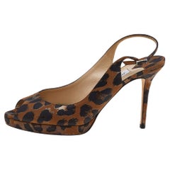 Jimmy Choo Leopard Print Fabric Platform Peep Toe Slingback Sandals Size 41
