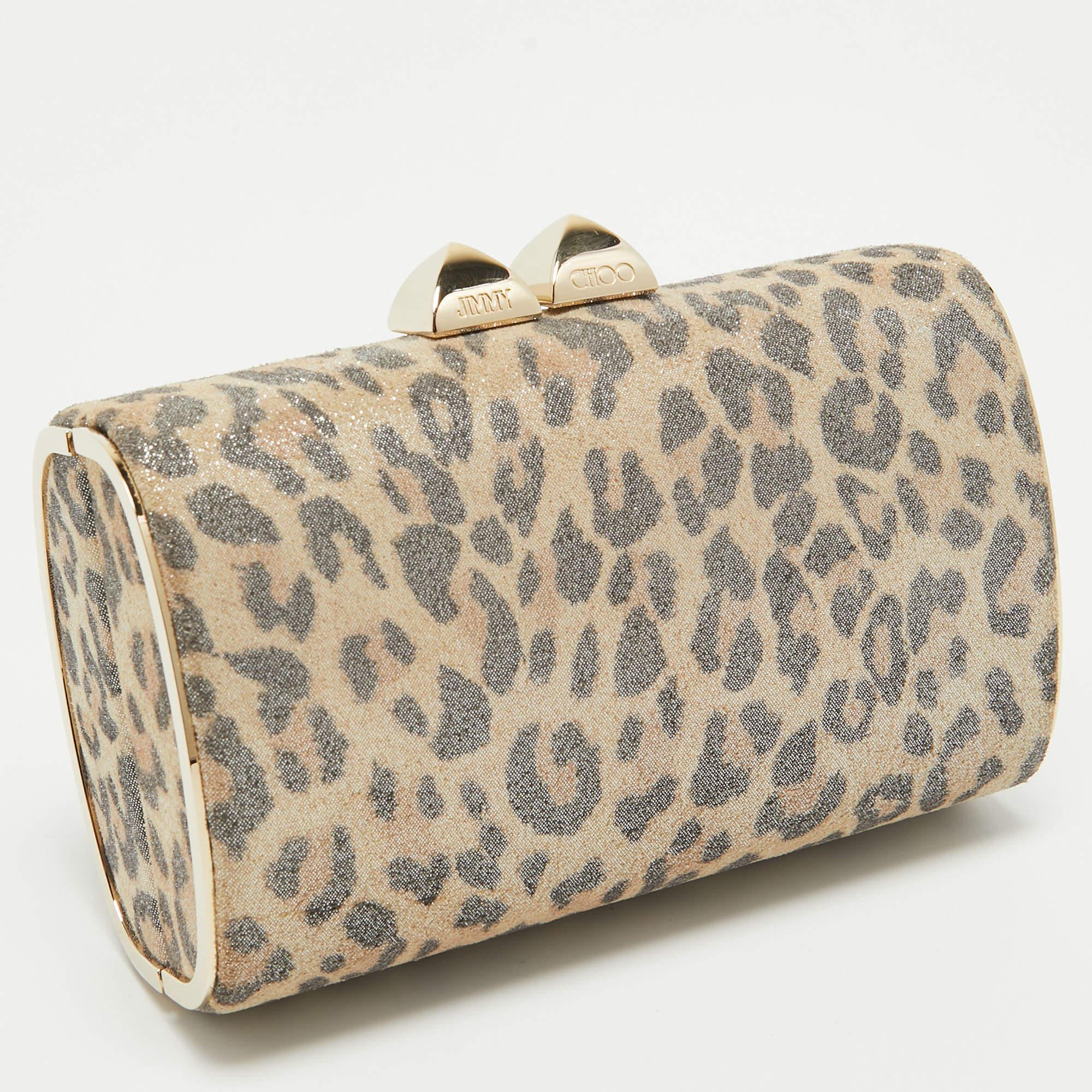 Jimmy Choo Light Beige Leopard Print Suede Compact Twill Tube Clutch In Good Condition In Dubai, Al Qouz 2