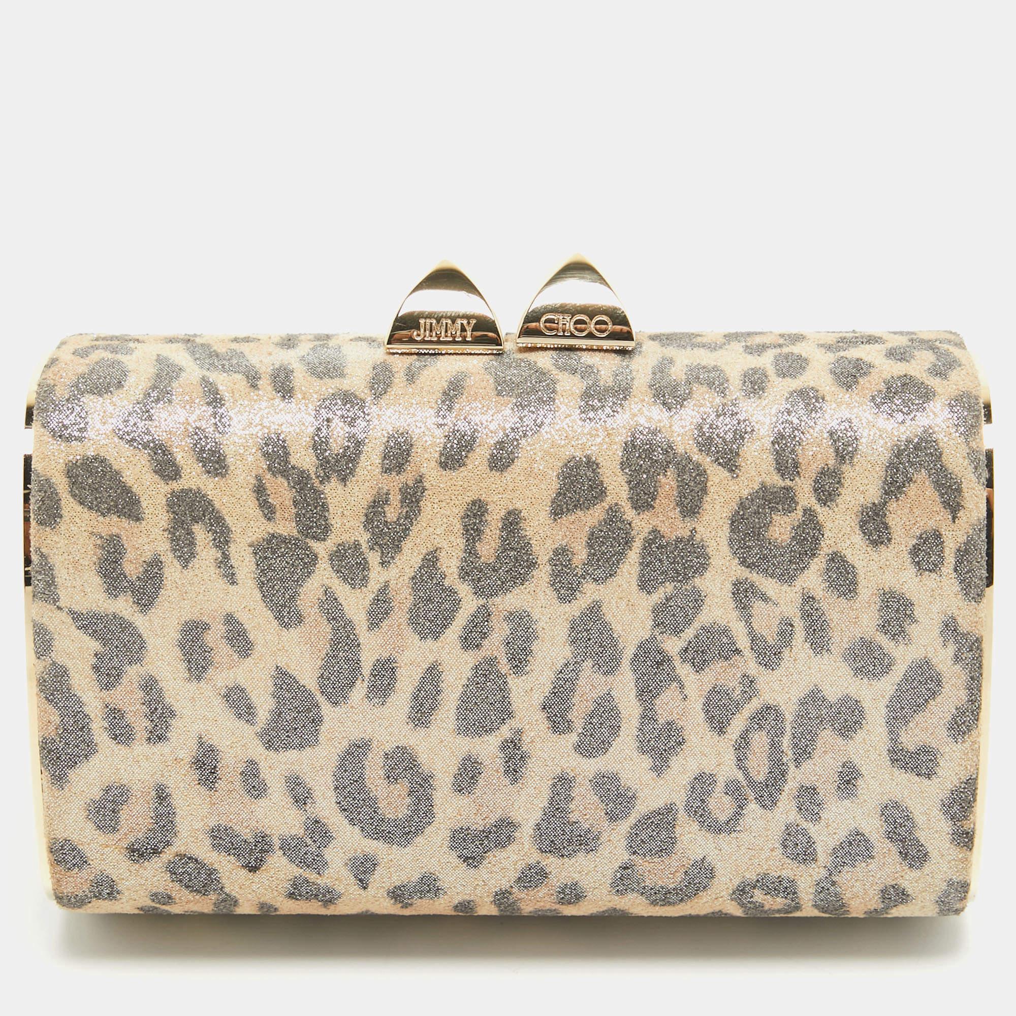 Women's Jimmy Choo Light Beige Leopard Print Suede Compact Twill Tube Clutch