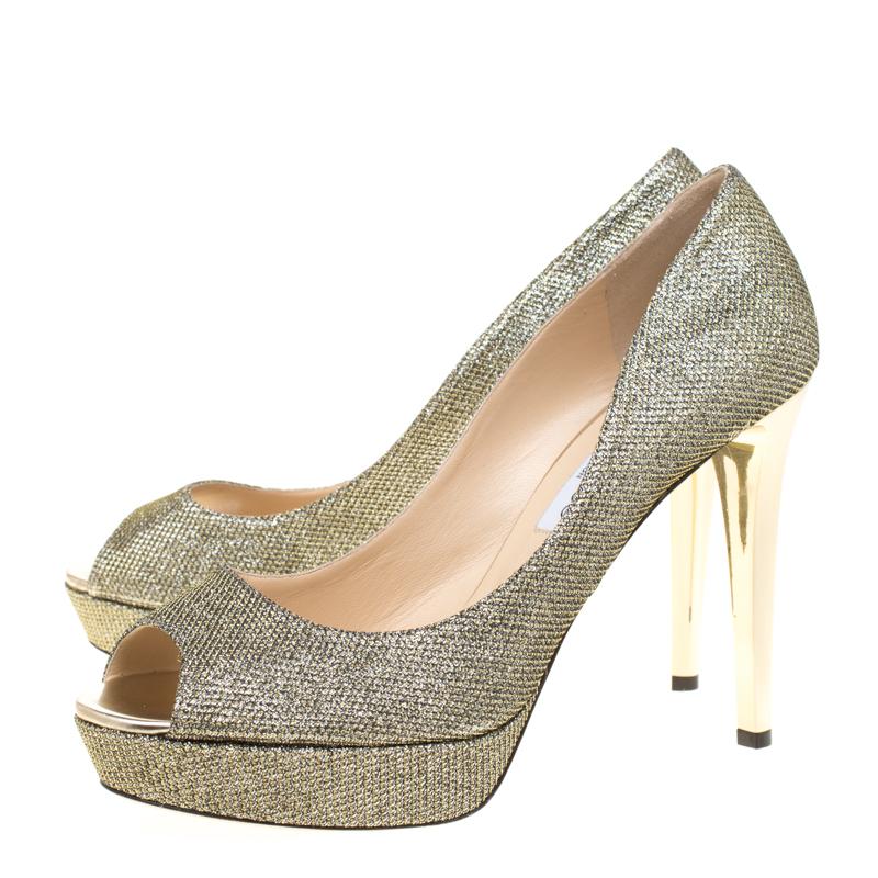 Jimmy Choo Light Bronze Lamè Glitter Fabric Dahlia Platform Peep Toe Pumps 42 1