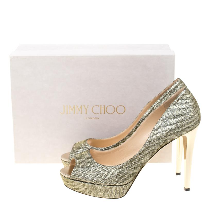 Jimmy Choo Light Bronze Lamè Glitter Fabric Dahlia Platform Peep Toe Pumps 42 3