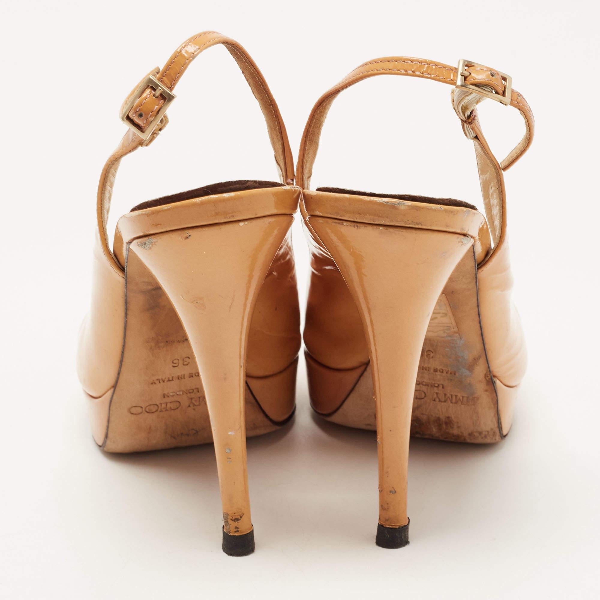 Jimmy Choo Light Brown Patent Leather Nova Slingback Pumps Size 36 For Sale 1