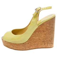 Jimmy Choo Light Green Patent Leather Prova Cork Platform Sandals Size 38