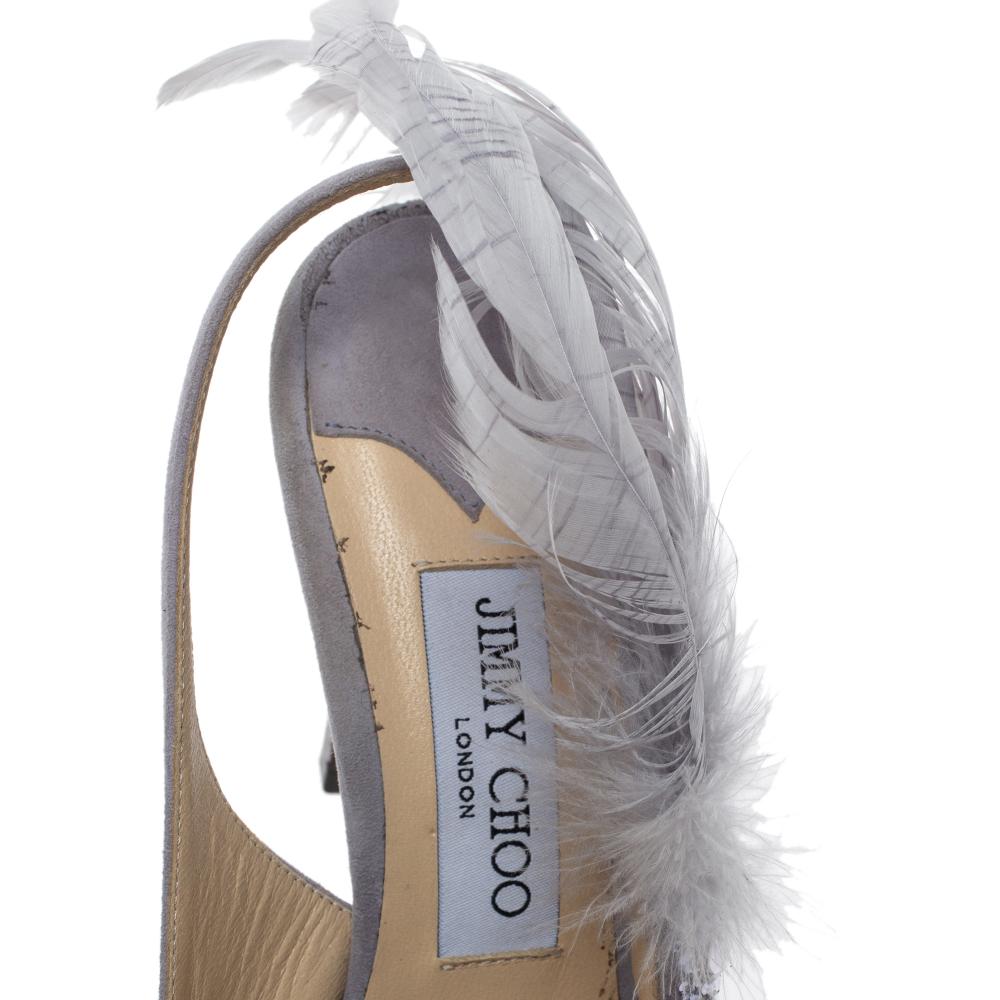 Gray Jimmy Choo Lilac Suede Feather And Crystal Tacey Slingback Pumps Size 38