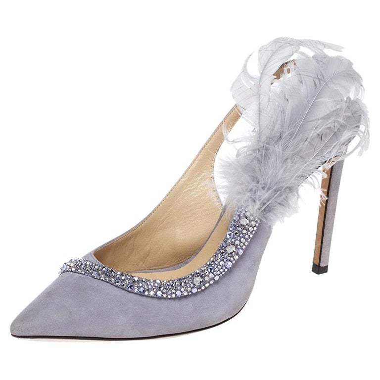 Jimmy Choo Lilac Suede Feather And Crystal Tacey Slingback Pumps Size 38 For Sale at 1stDibs | jimmy choo heels