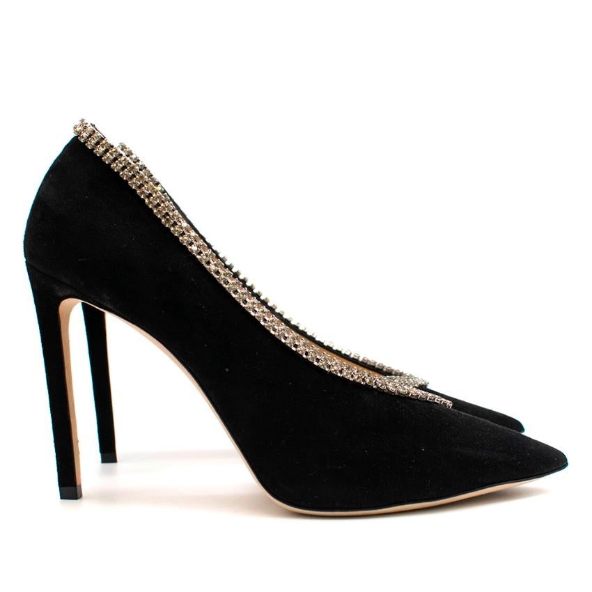 Jimmy Choo Embellished Black Suede Pumps 

- Black Suede Leather Outer 
- Smooth Leather Interior 
- Embellished Trim to Opening 
- Slide On 
- Half D'orsay
- Stiletto Heel 
- Pointed Toe 
- Branding to Insole 

Made in Italy 

Please note, these