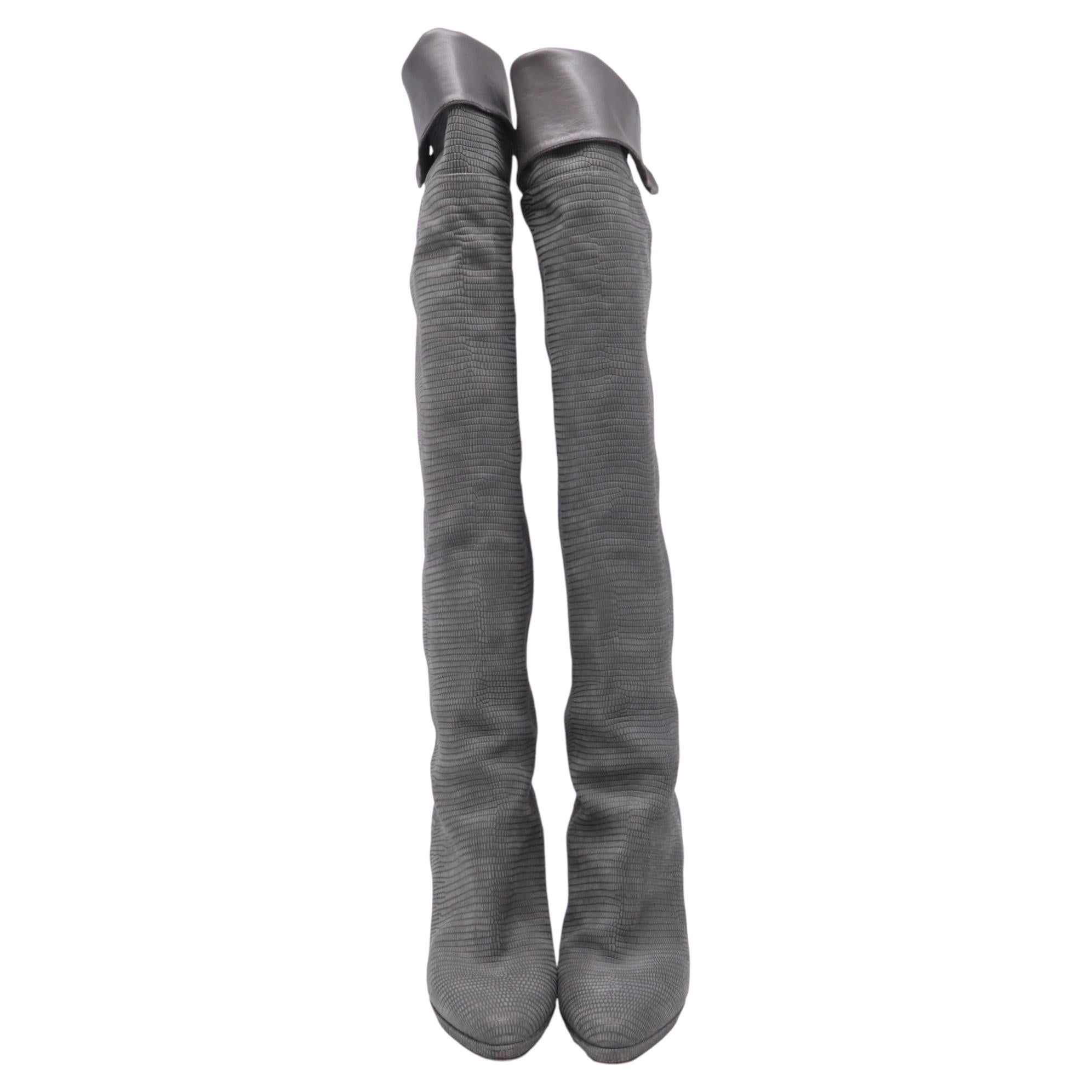 Jimmy Choo Lizard-Embossed Knee-High Boots in Grey Suede For Sale