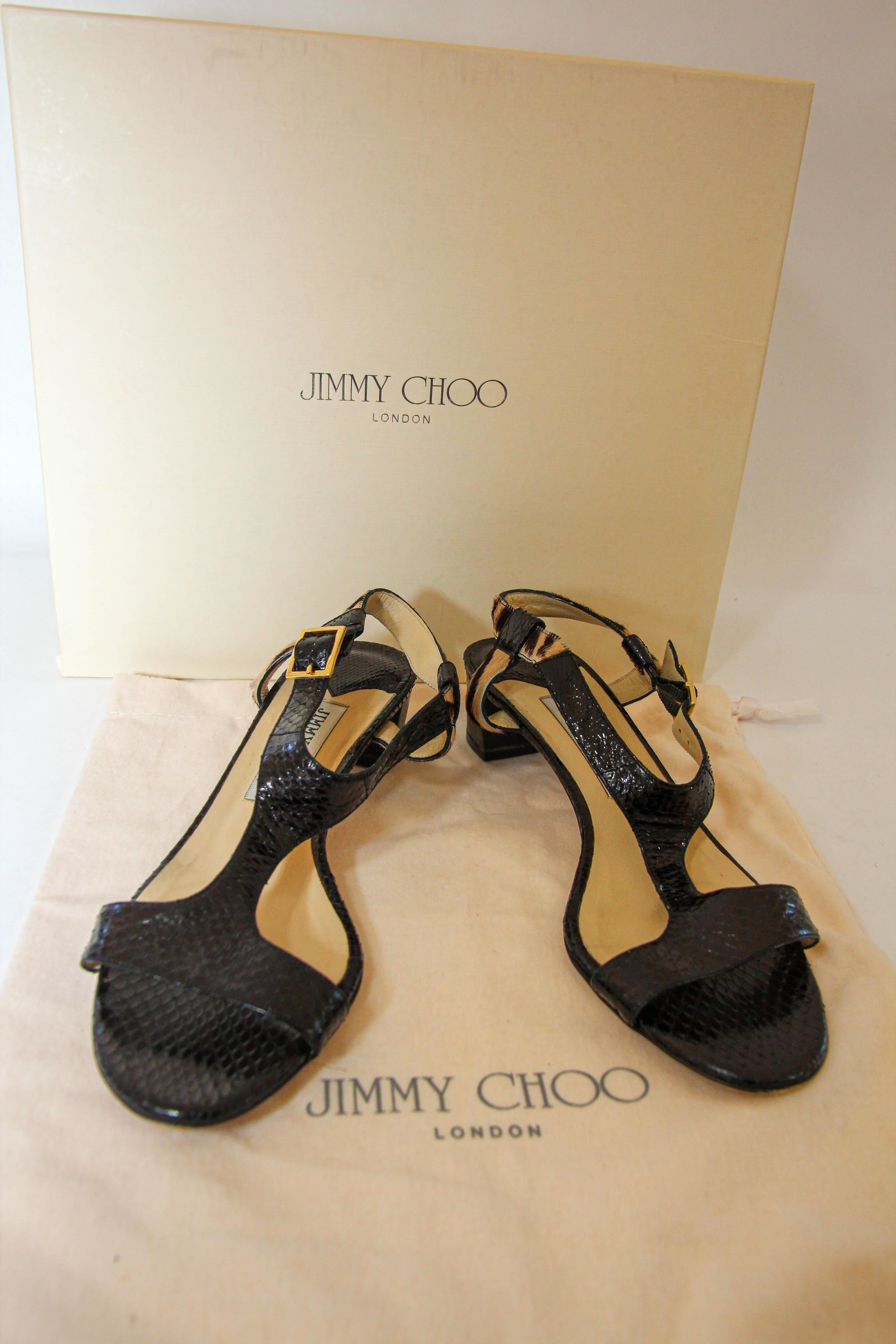 JIMMY CHOO London Black Leather Jin T-Strap Slingback Shoes 38 In Good Condition For Sale In North Hollywood, CA