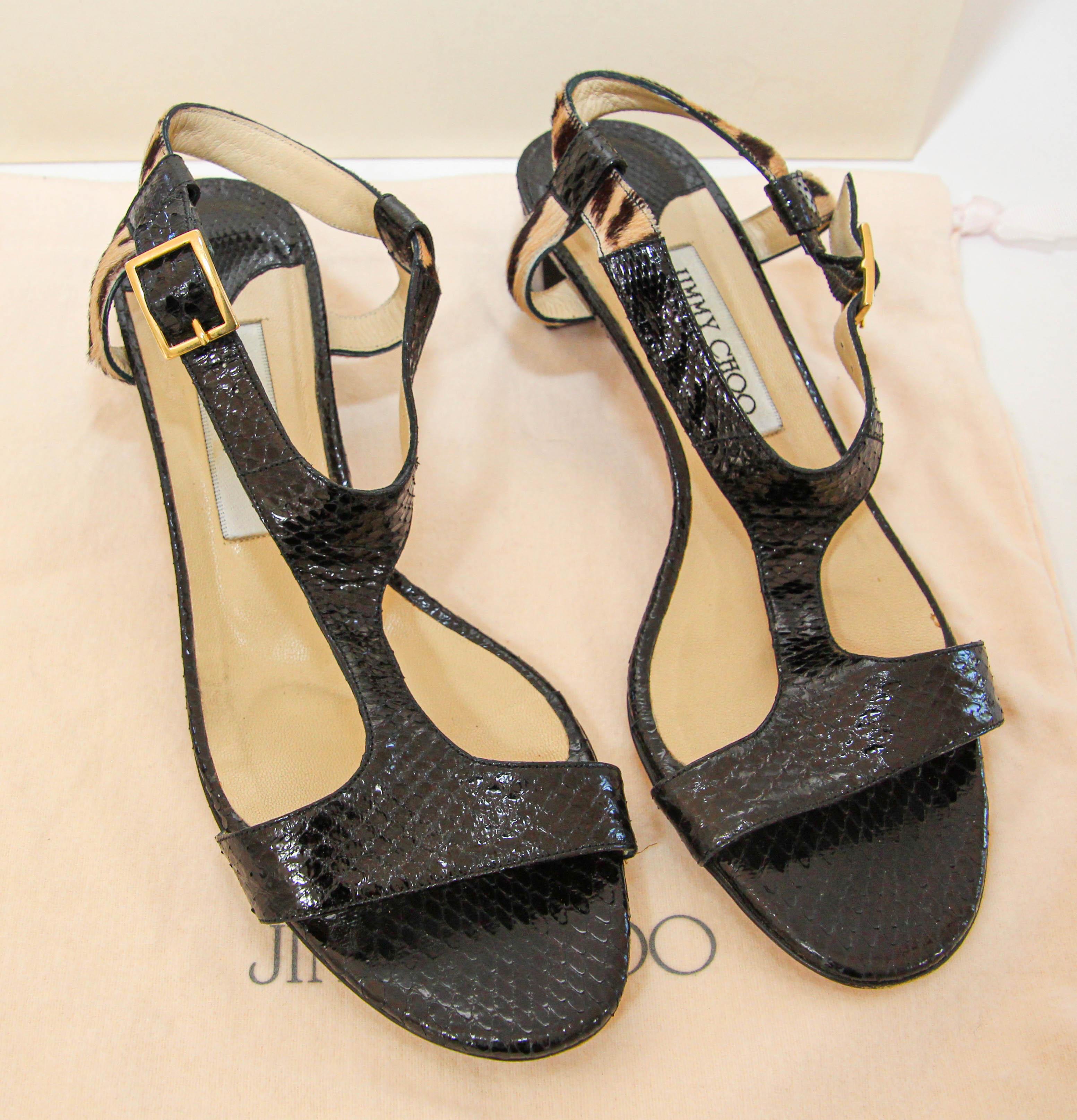 Women's JIMMY CHOO London Black Leather Jin T-Strap Slingback Shoes 38 For Sale