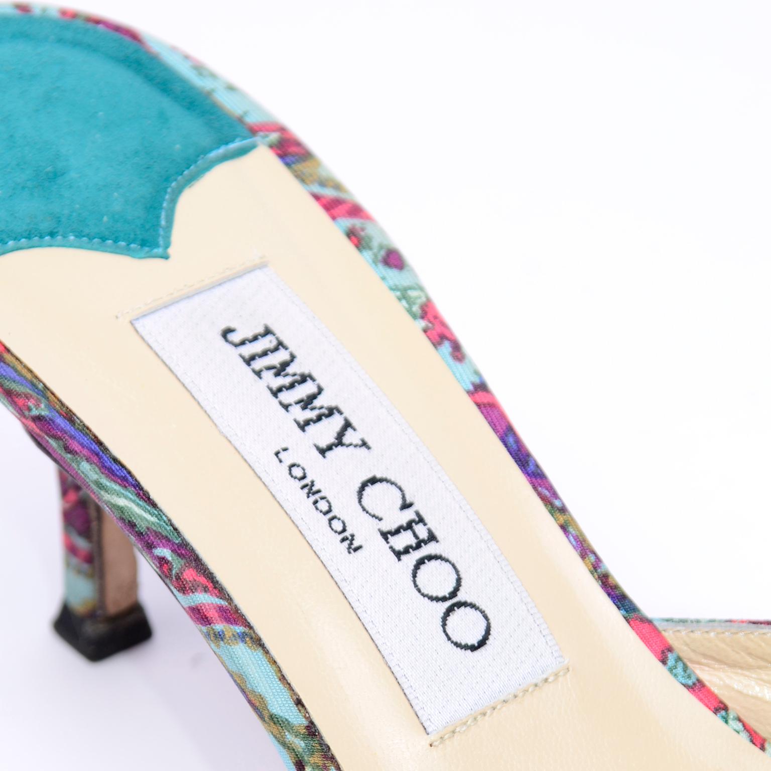 Jimmy Choo London Colorful Mules Shoes in Turquoise Print W Heels & Gold Beads 2