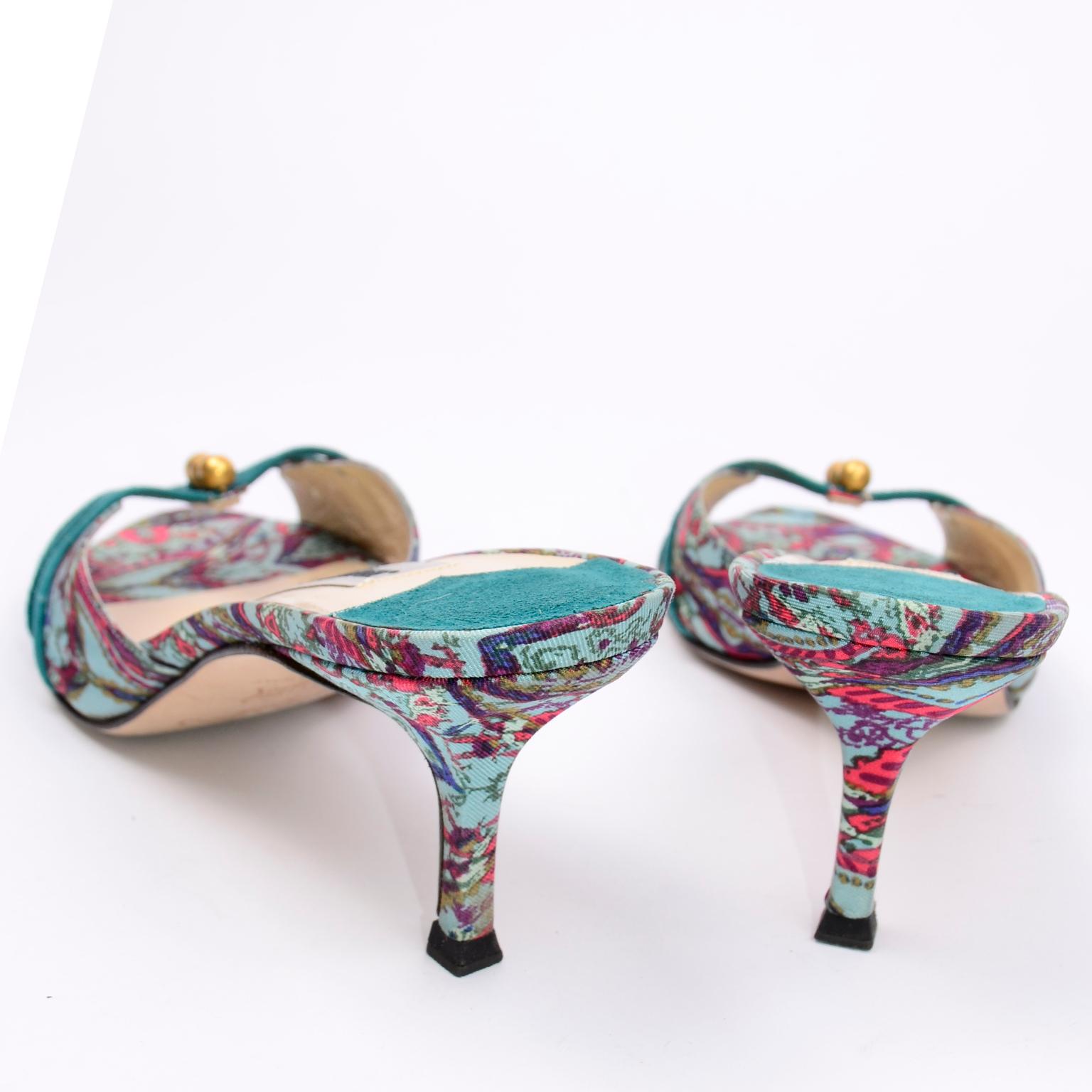 Gray Jimmy Choo London Colorful Mules Shoes in Turquoise Print W Heels & Gold Beads