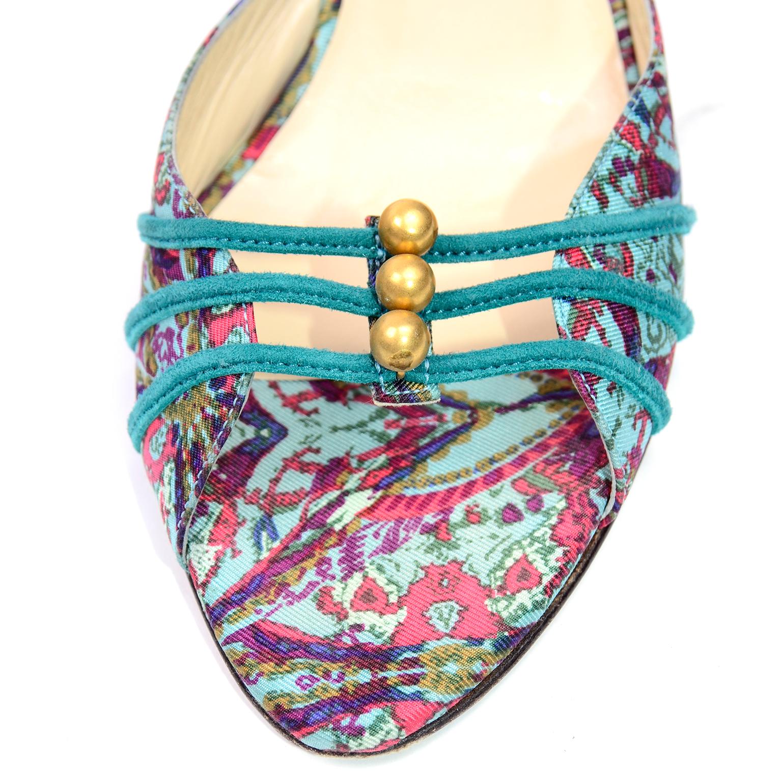 Women's Jimmy Choo London Colorful Mules Shoes in Turquoise Print W Heels & Gold Beads