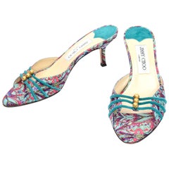 Jimmy Choo London Colorful Mules Shoes in Turquoise Print W Heels & Gold Beads