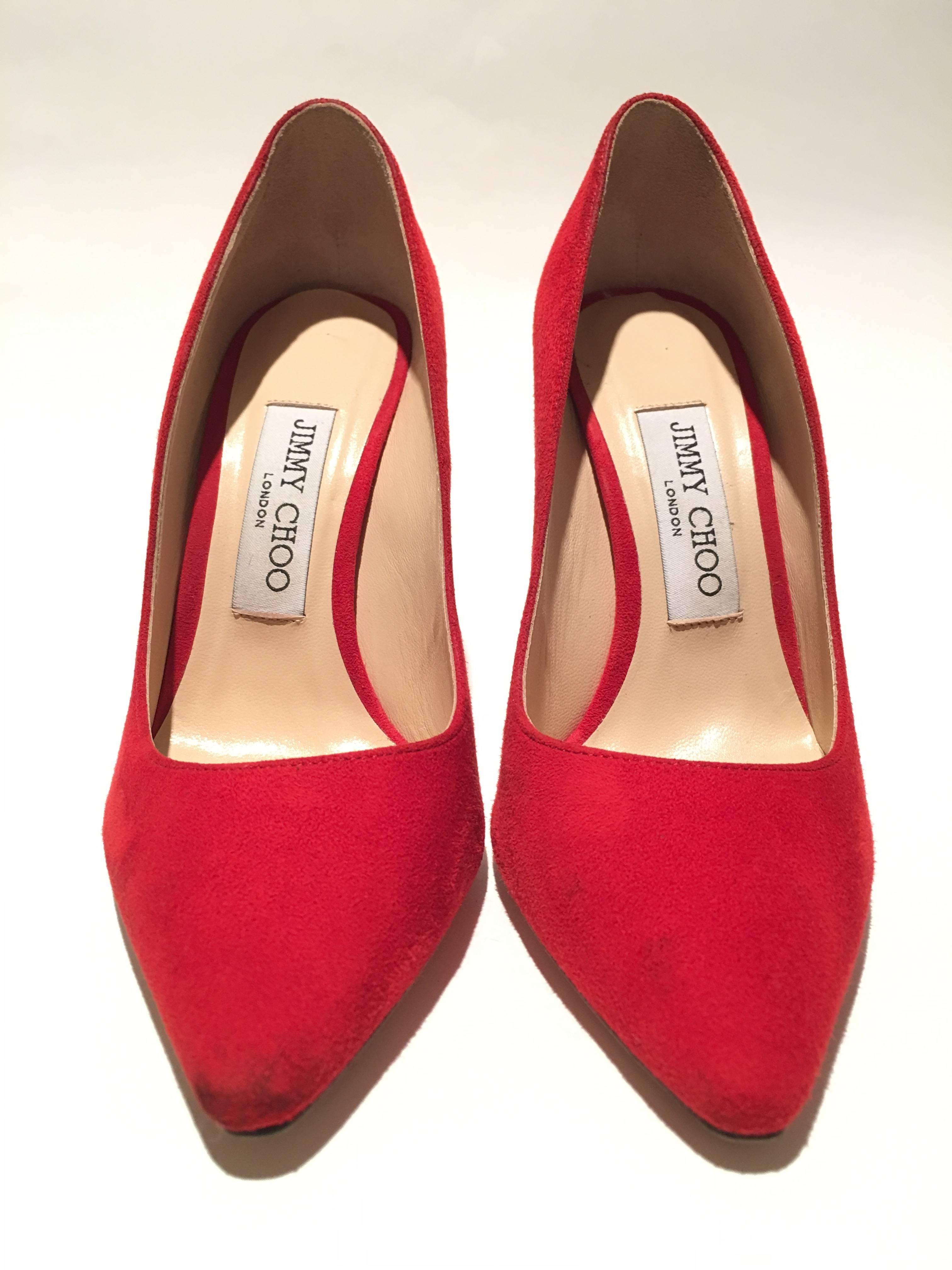 Jimmy Choo London Red Suede Pumps with a 4