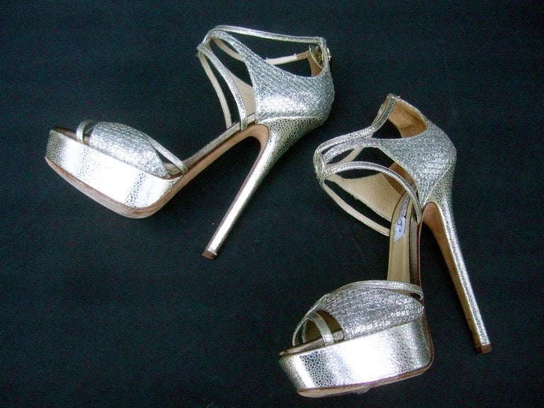Jimmy Choo London Silver Metallic Platform Stiletto Strap Shoes Size 38 ...