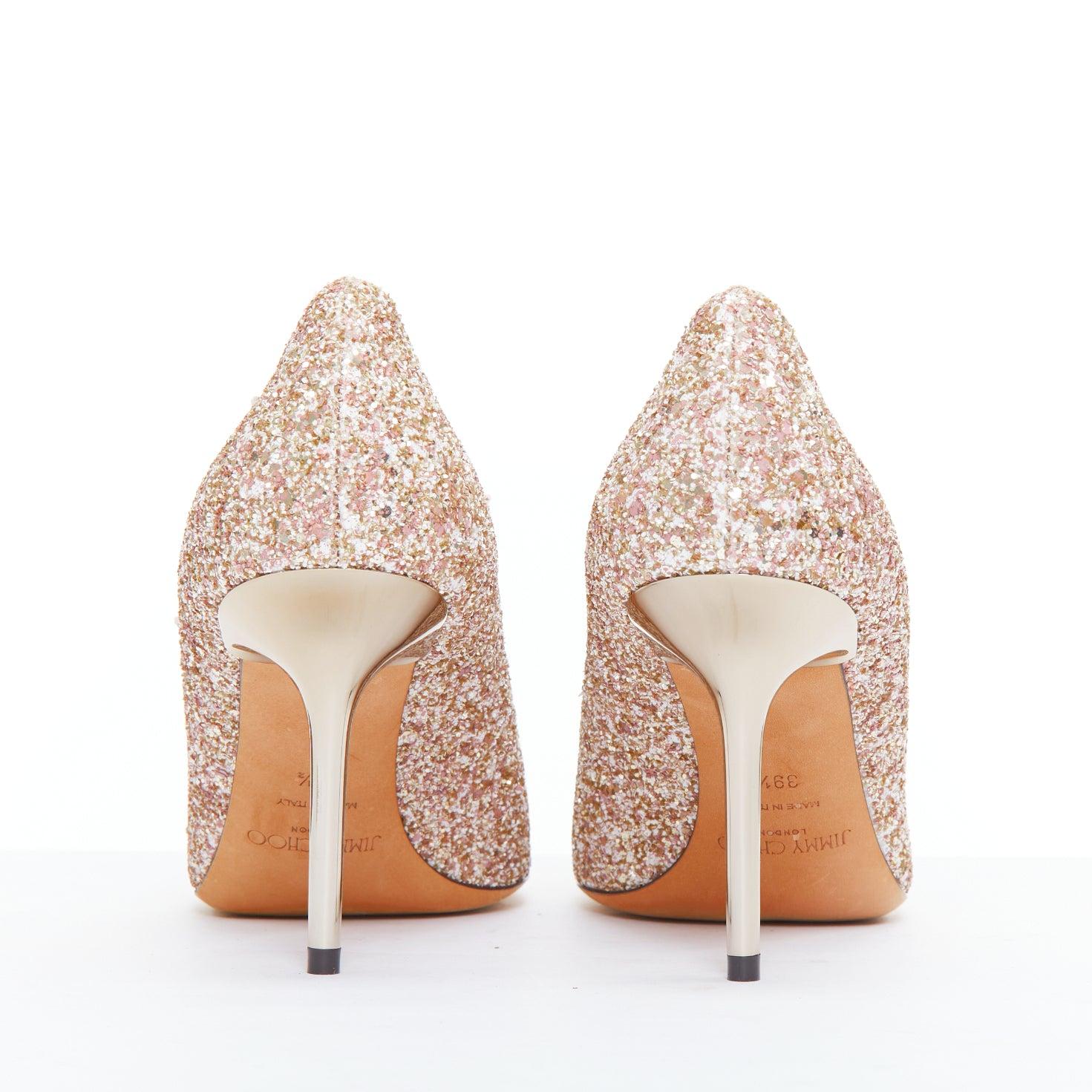 Women's JIMMY CHOO Love 85 pink champagne glitter metal heel pumps EU39.5 For Sale