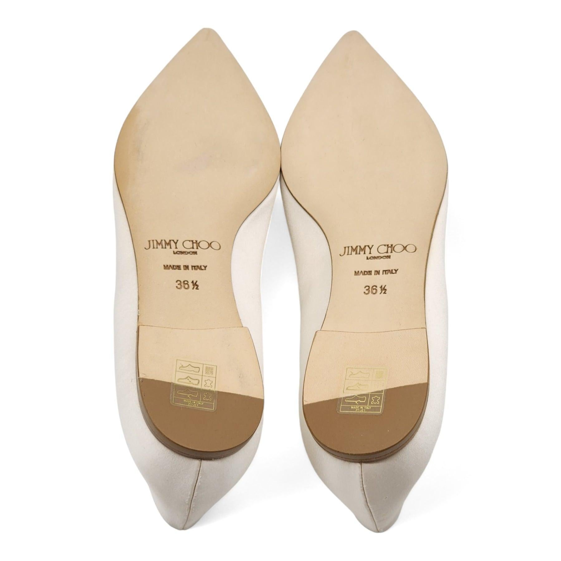 Jimmy Choo Love Embellished Satin Flat Ballerina Shoes in White In Excellent Condition For Sale In Los Angeles, CA