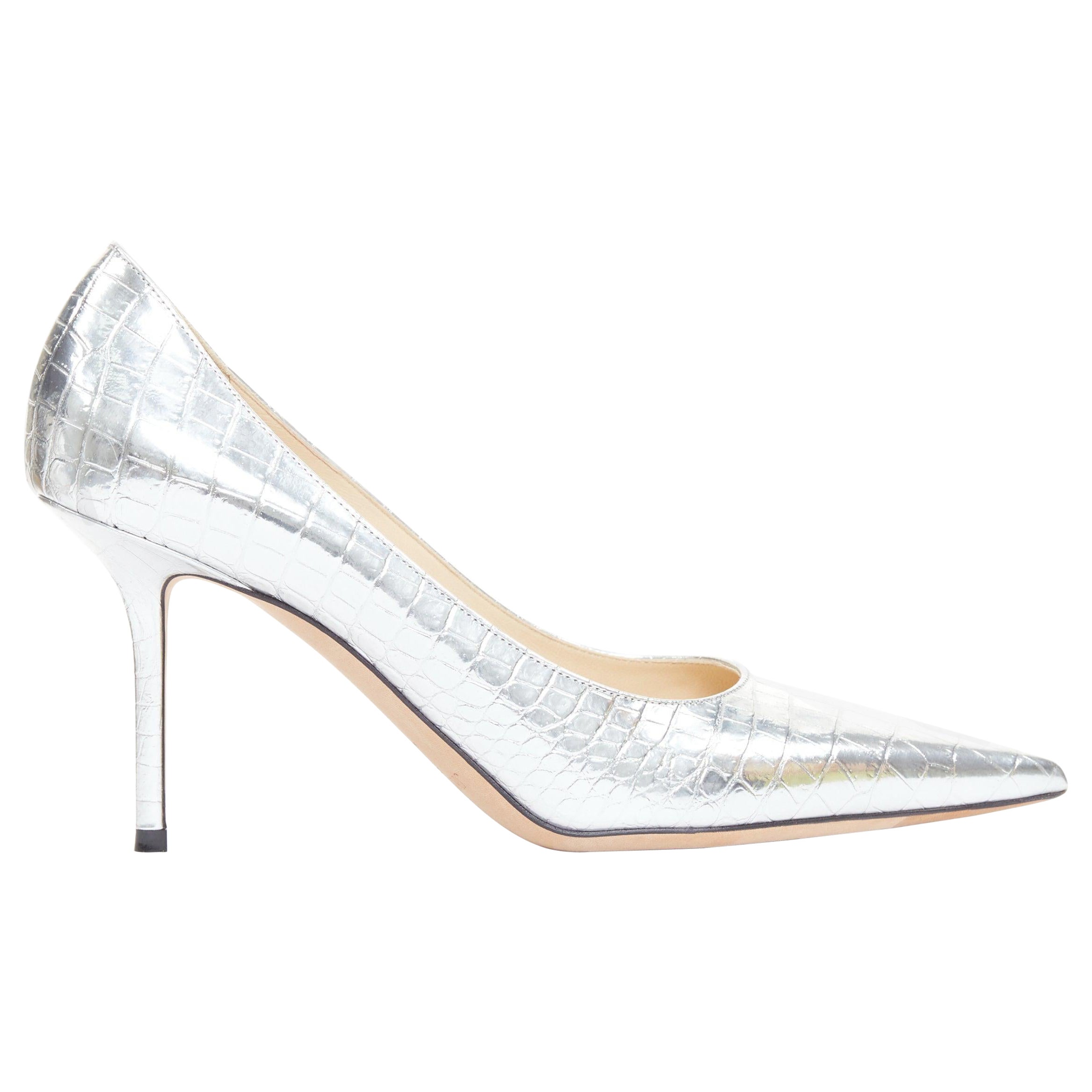 JIMMY CHOO Love mirrored silver croc embossed leather pointy pumps EU39.5