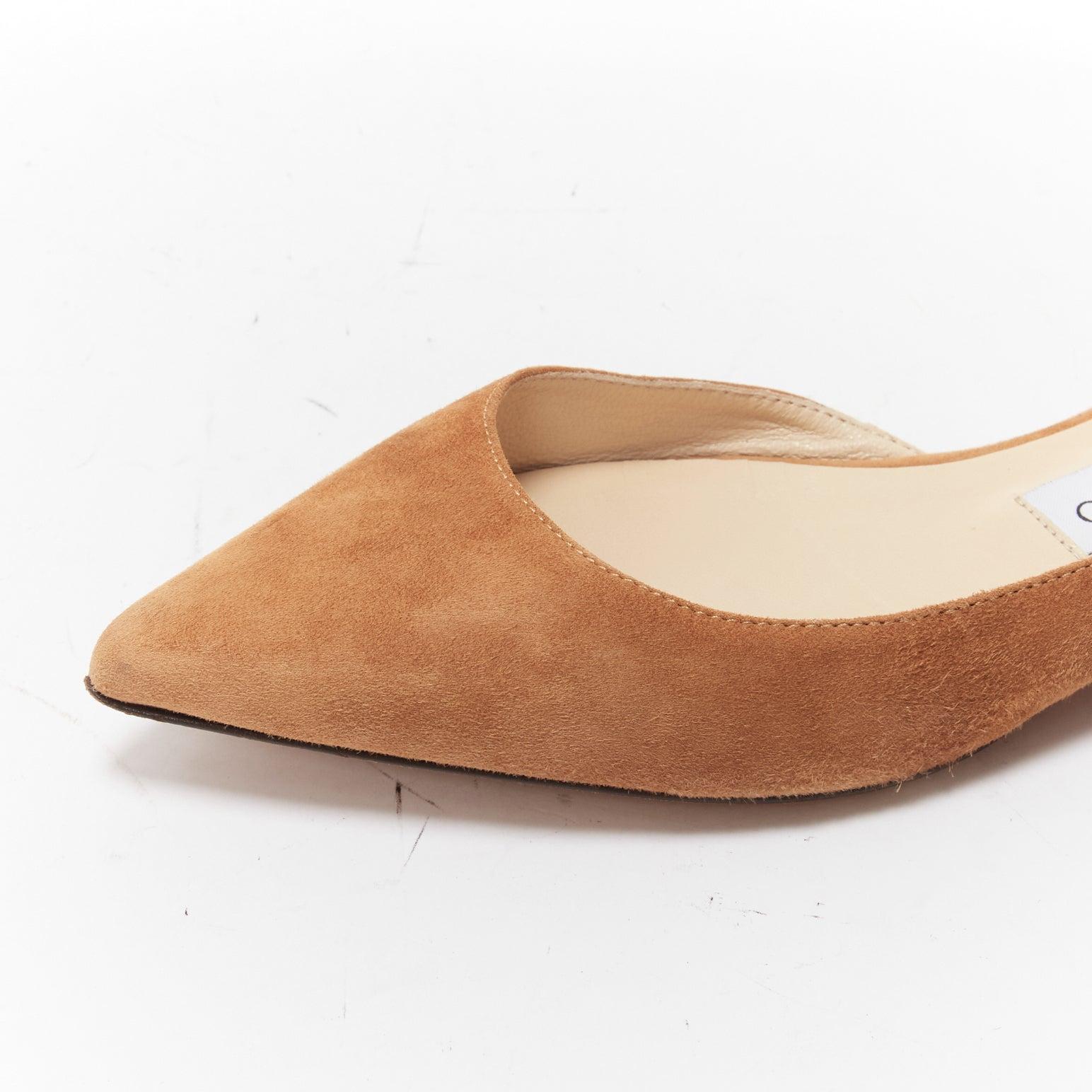 JIMMY CHOO Lucy tan brown suede ankle strap point toe half dorsay flats EU37.5 3