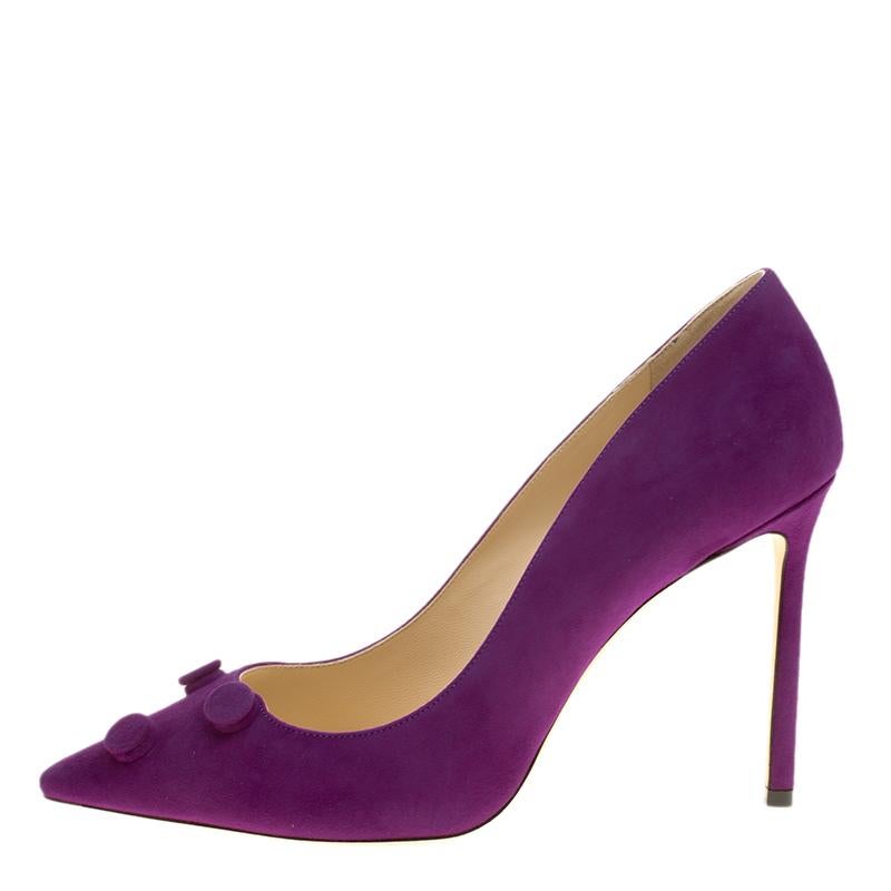 Jimmy Choo Madeline Purple Suede Jasmine Button Embellished Pointed Toe Pumps Si 1