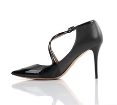 JIMMY CHOO “Madera” Gray Black Leather Criss Cross Strap Pointed Toe Pump Heels