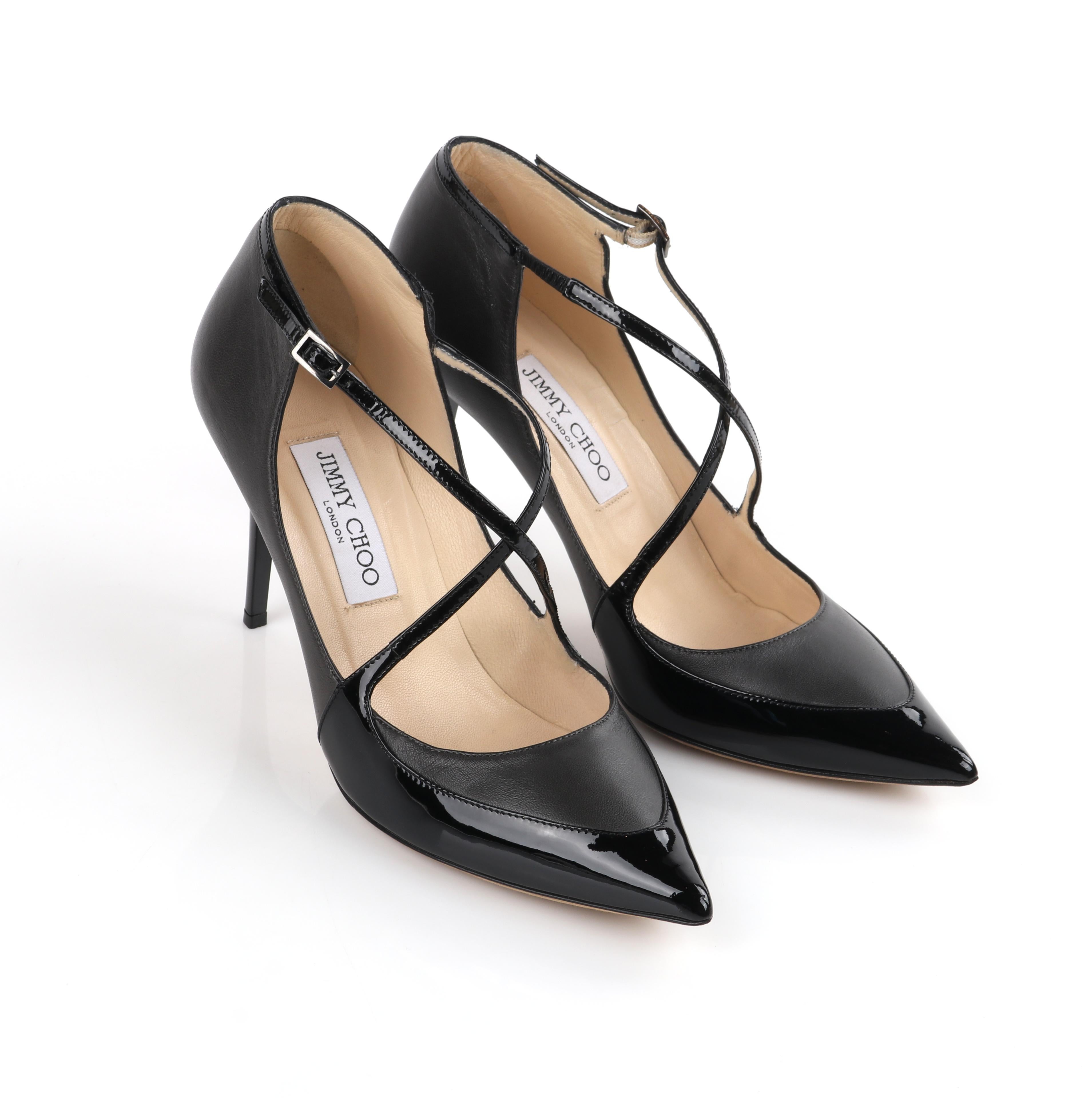 JIMMY CHOO “Madera” Gray Black Leather Criss Cross Strap Pointed Toe Pump Heels In Good Condition In Thiensville, WI