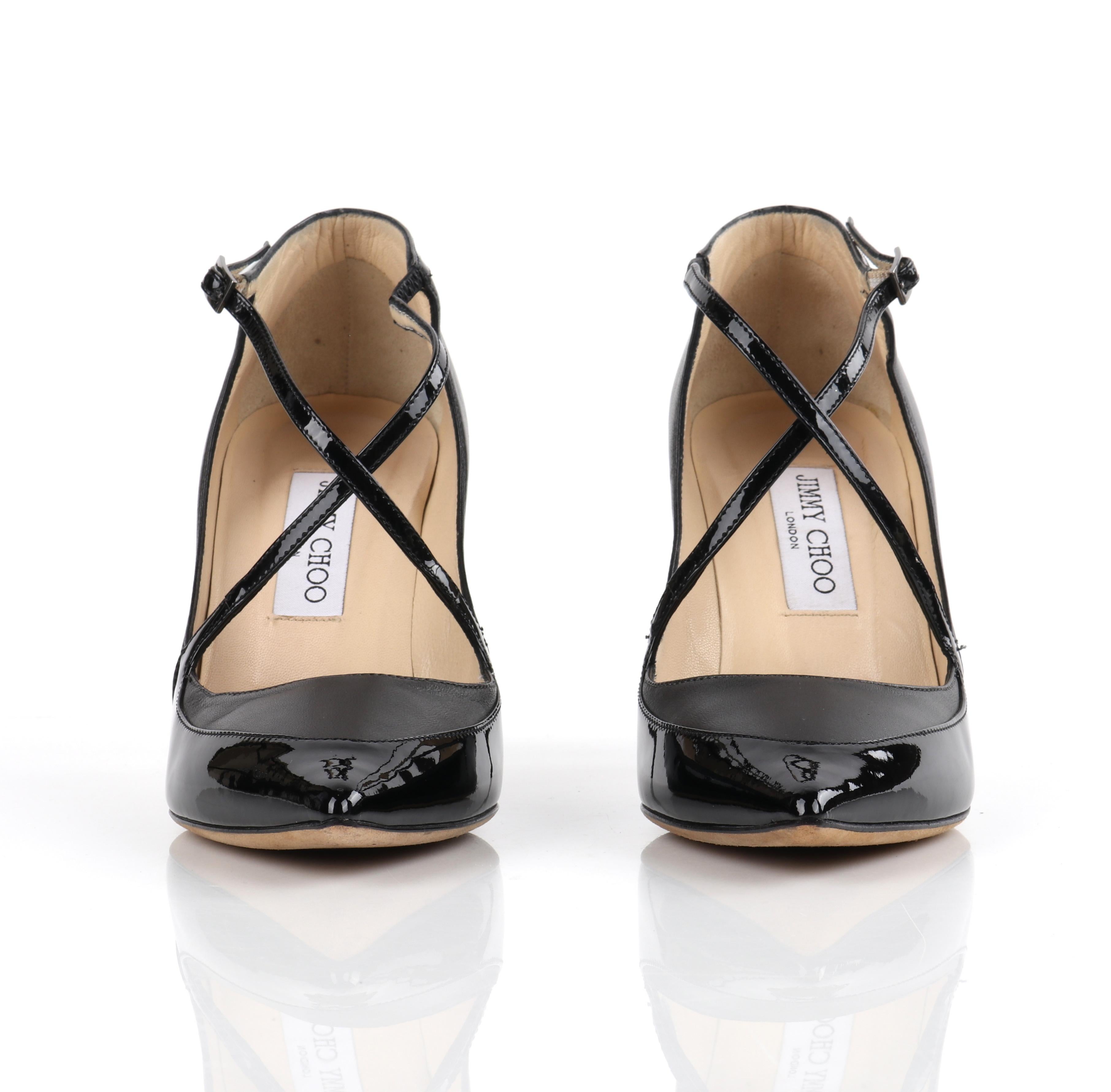Women's JIMMY CHOO “Madera” Gray Black Leather Criss Cross Strap Pointed Toe Pump Heels