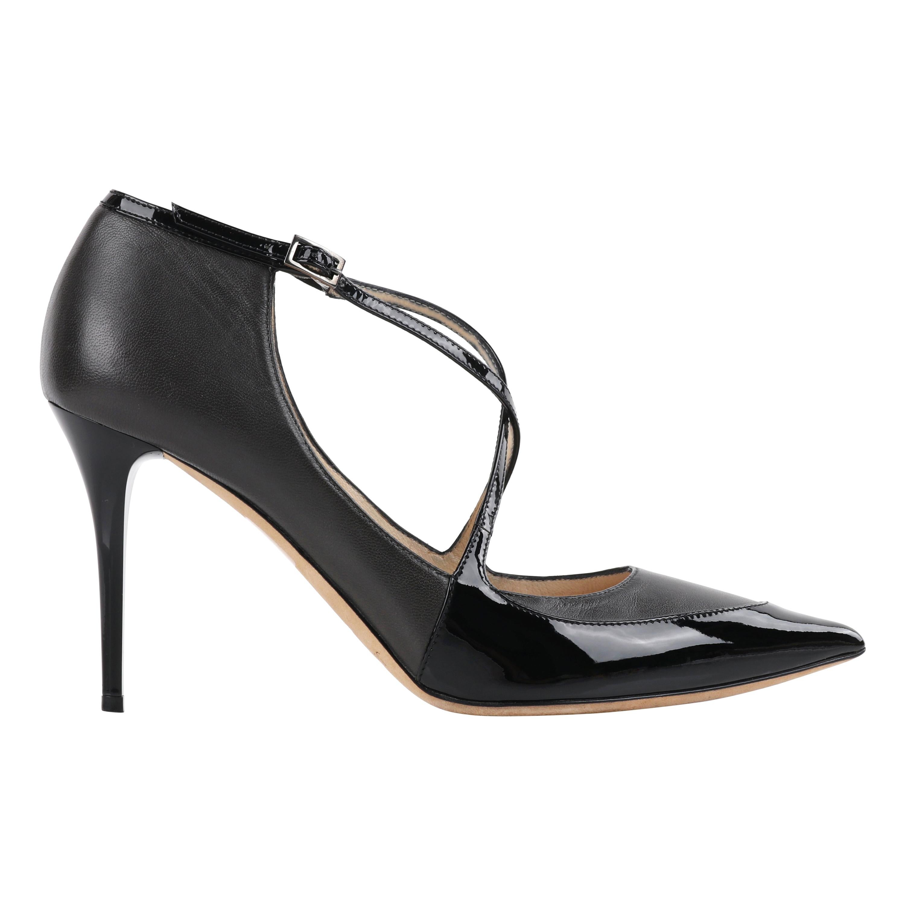 JIMMY CHOO “Madera” Gray Black Leather Criss Cross Strap Pointed Toe Pump Heels