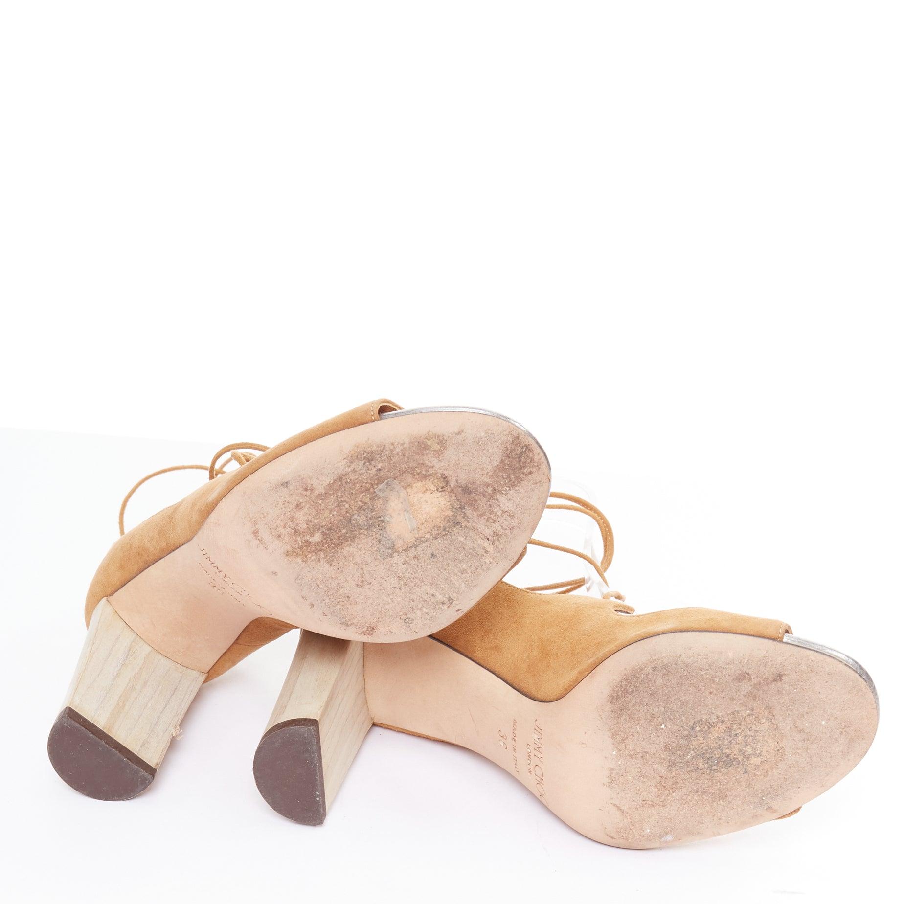 Jimmy Choo Wood Wood Wood à talons hauts en daim marron, tan tan brown suede tie block heels EU36 en vente 6