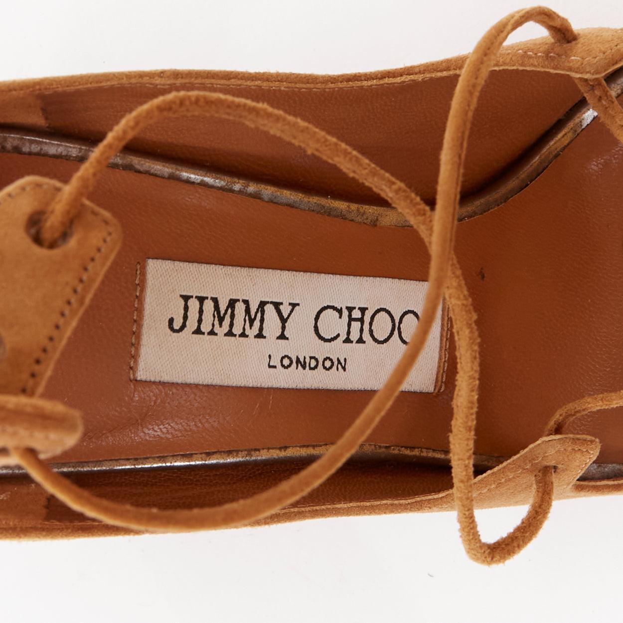 Jimmy Choo Wood Wood Wood à talons hauts en daim marron, tan tan brown suede tie block heels EU36 en vente 4